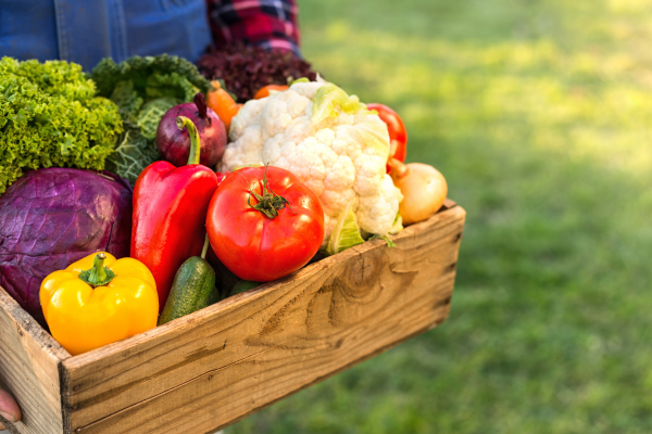 A wooden box of vegetables being carried.
