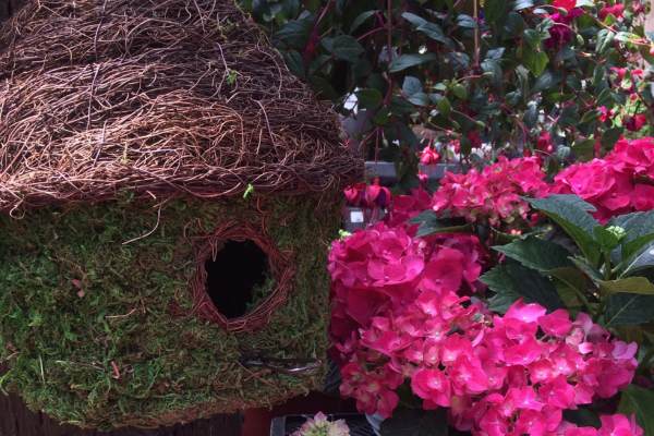 A bird house created with vines, surrounded by pink flowers.